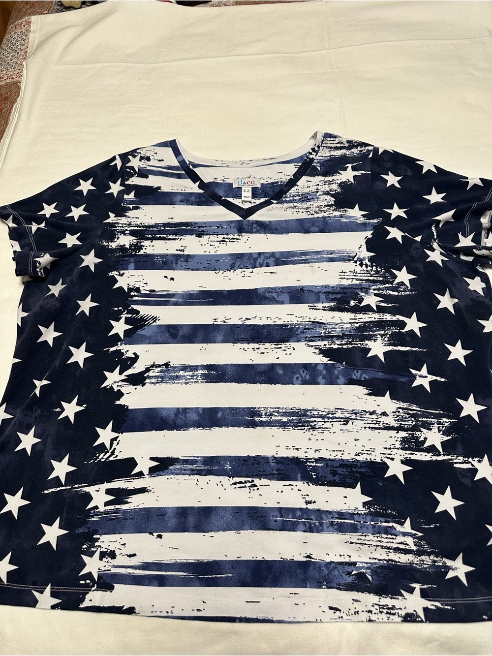 Denim & Co. Graphic V-Neck Tee in Navy and White - 3X